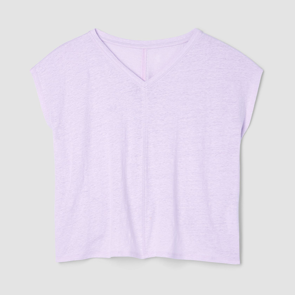 Koszulka V-neck z krótkimi rękawkami typu cap sleeve, luźny fason, dzianina z lnu organicznego